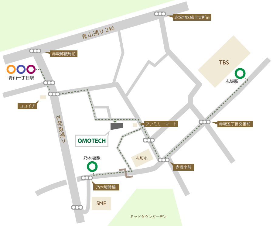 乃木坂駅、青山一丁目駅、赤坂駅からオモテックまでの地図